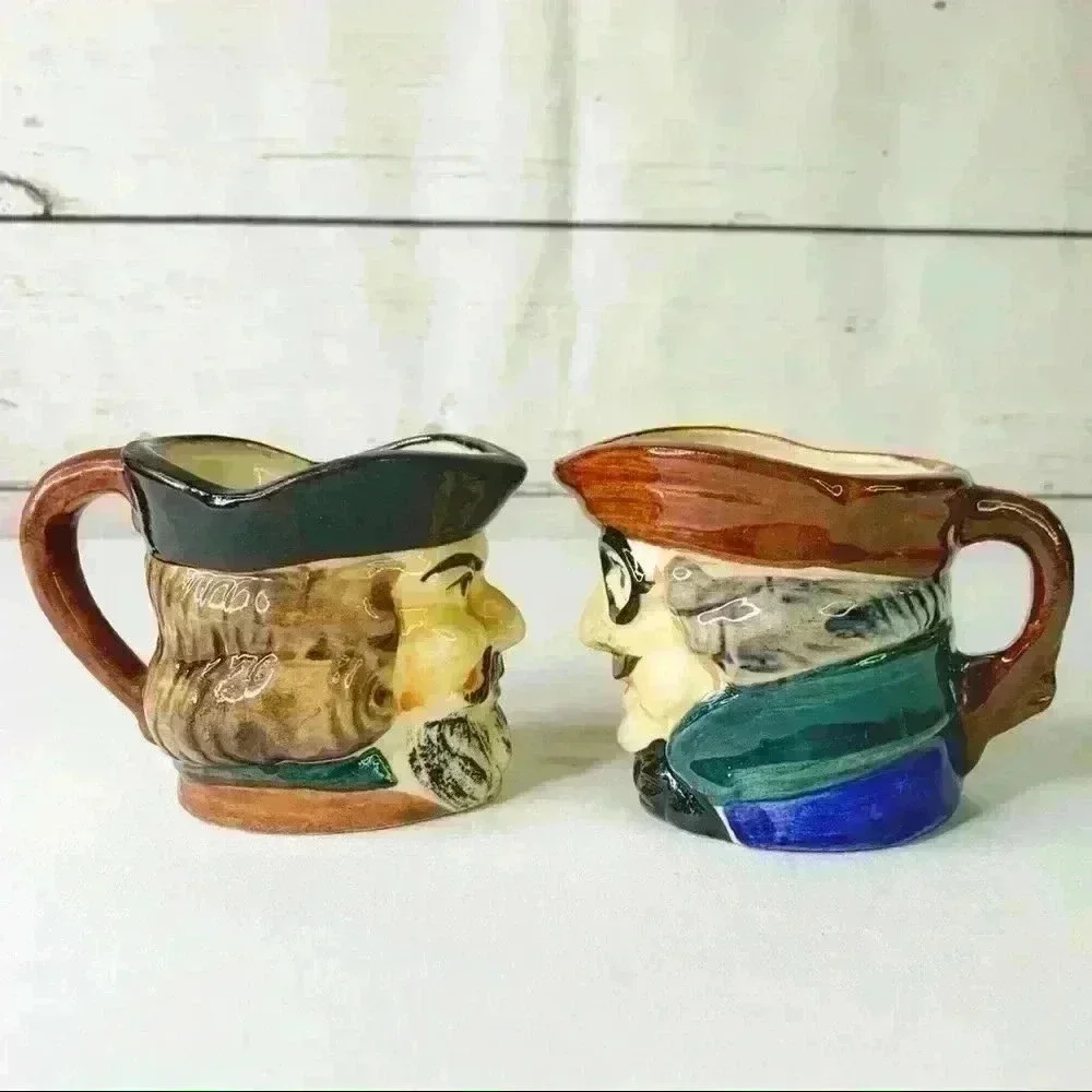 (2) Vintage Toby Mugs Cups Jug Pitcher Creamer Character Colonial Man Face Japan